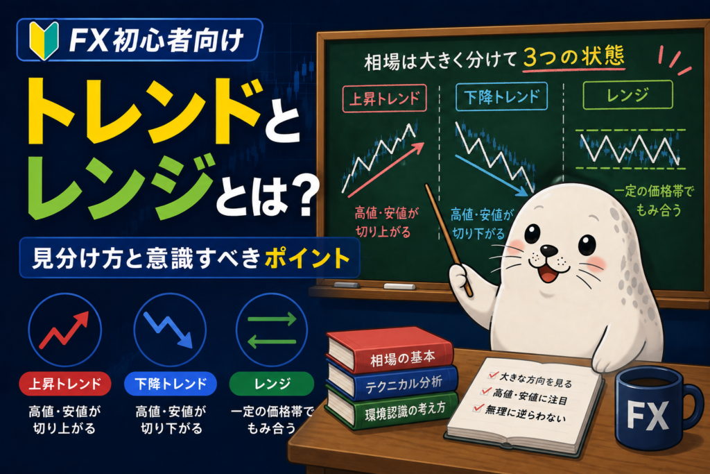 FXの上昇トレンド・下降トレンド・レンジの違いをアザラシ先生が解説するアイキャッチ画像