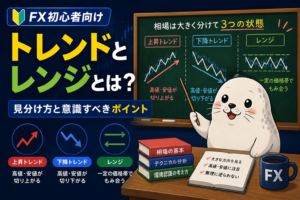 FXの上昇トレンド・下降トレンド・レンジの違いをアザラシ先生が解説するアイキャッチ画像