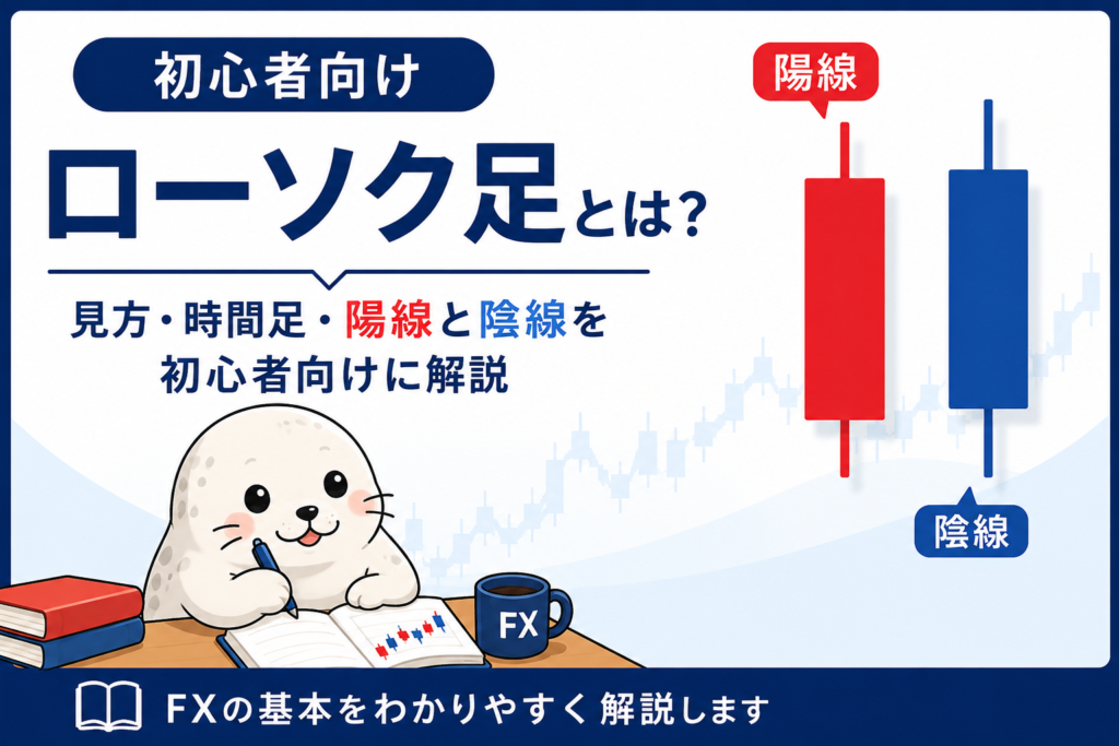 FXのローソク足の見方・時間足・陽線と陰線をアザラシと図で解説するアイキャッチ画像