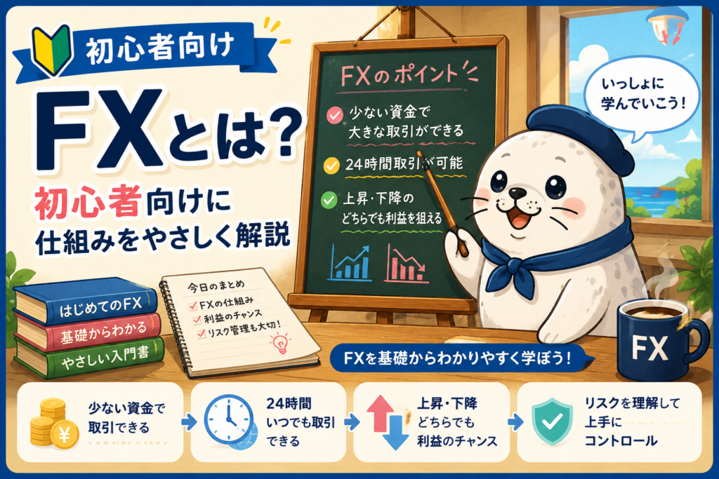 FXとは何か、仕組みや利益と損失の出方をアザラシと図で初心者向けに解説するアイキャッチ画像