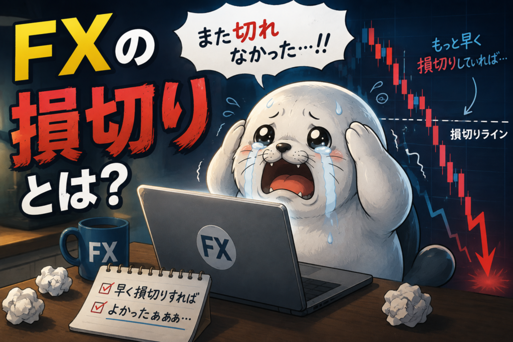 FXの損切りができず、下落するチャートを見て焦るアザラシ
