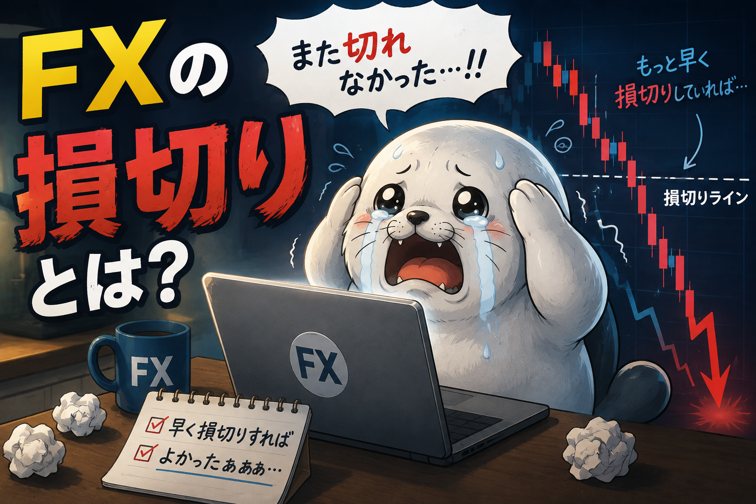 FXの損切りができず、下落するチャートを見て焦るアザラシ