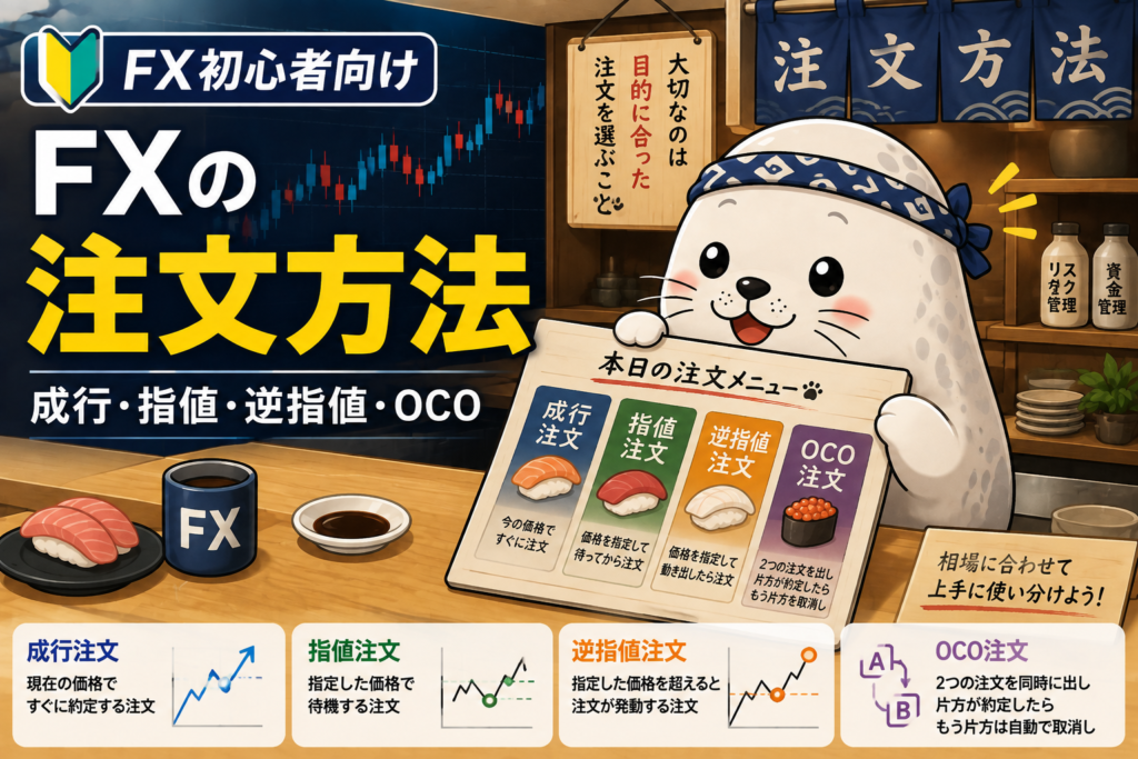 FXの成行注文・指値注文・逆指値注文・OCO注文を寿司屋風のアザラシで解説するアイキャッチ画像