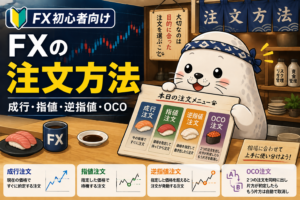 FXの成行注文・指値注文・逆指値注文・OCO注文を寿司屋風のアザラシで解説するアイキャッチ画像