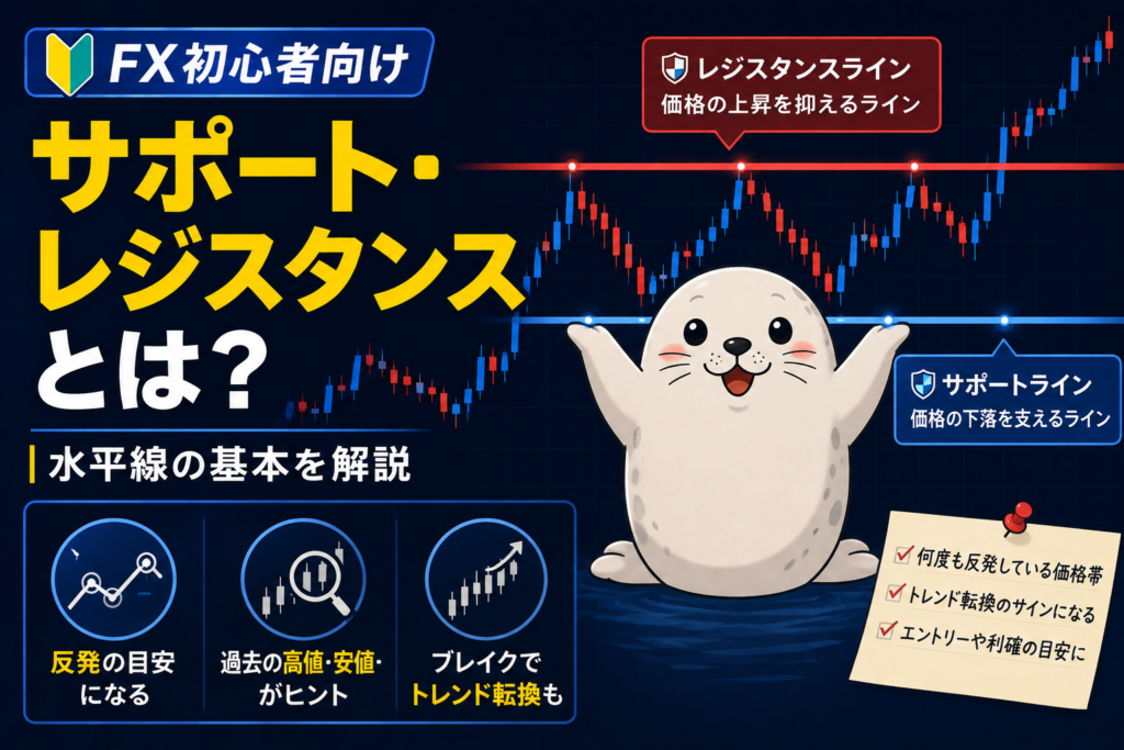 FXのサポートラインとレジスタンスラインをアザラシとチャートで解説するアイキャッチ画像