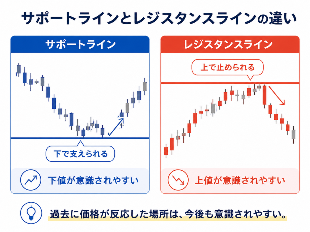 FXのサポートラインとレジスタンスラインの違いを比較した図