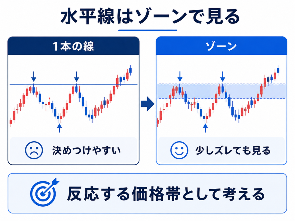 FXの水平線を一本の価格ではなくゾーンとして見る考え方を比較した図