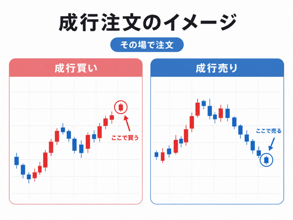 FXの成行買いと成行売りをローソク足で示した図