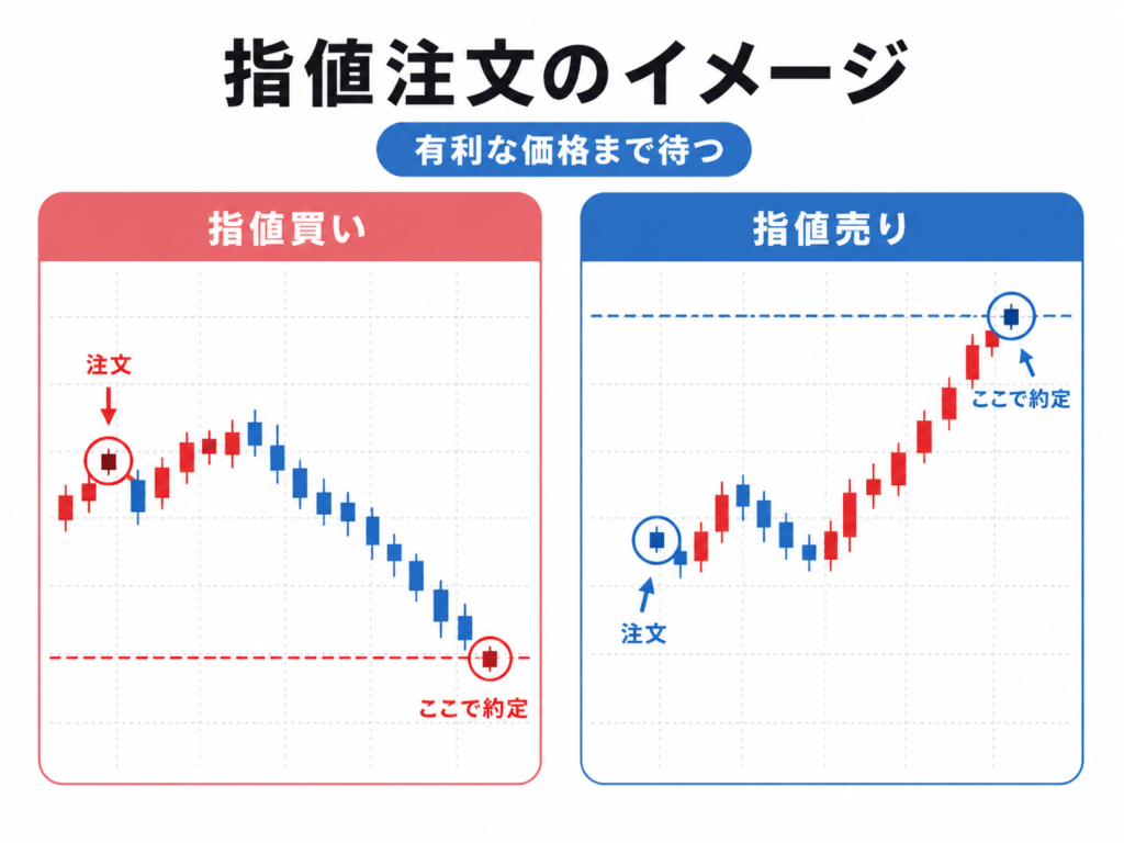 FXの指値買いと指値売りが約定する流れをローソク足で示した図