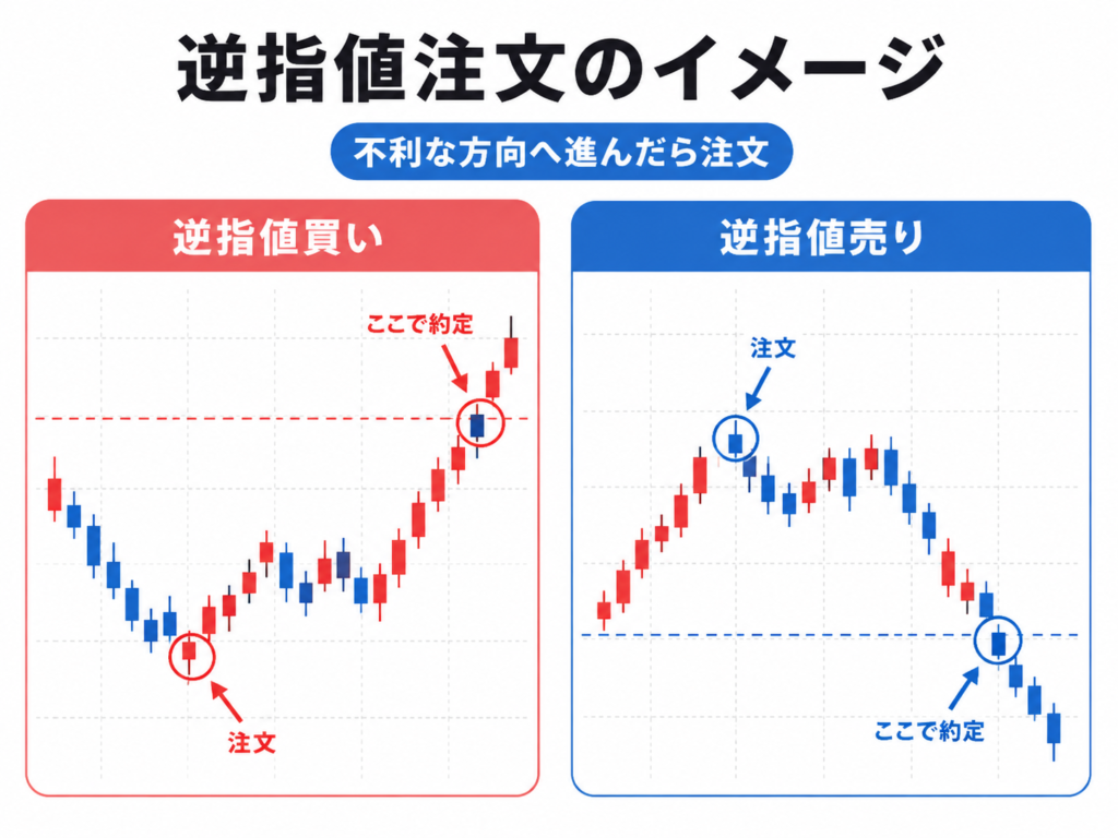 FXの逆指値買いと逆指値売りが約定する流れをローソク足で示した図