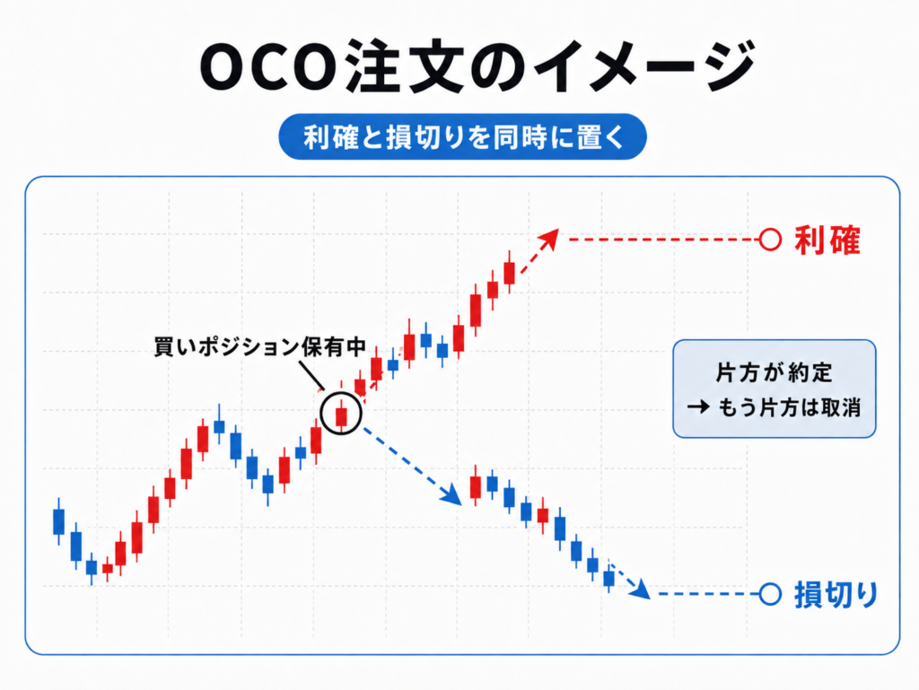 FXのOCO注文で利確と損切りを同時に設定するイメージ図