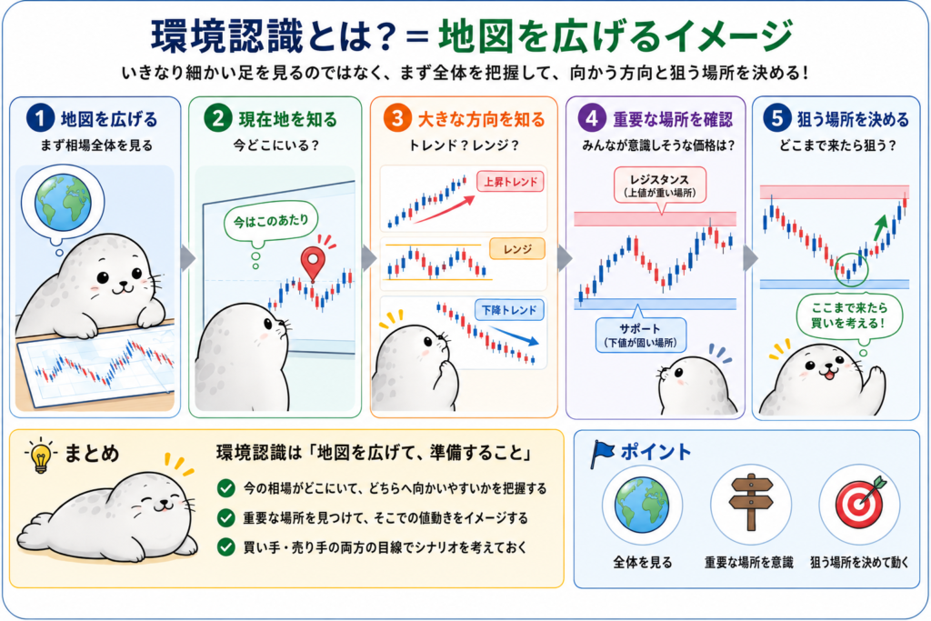 FXの環境認識を地図に例え、現在地・相場の方向・重要な価格・狙う場所を確認する流れを示した図
