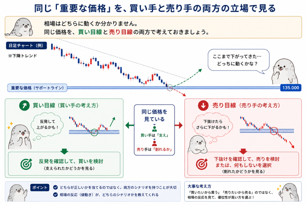 FXで重要な価格を買い目線と売り目線の両方から考える環境認識の図
