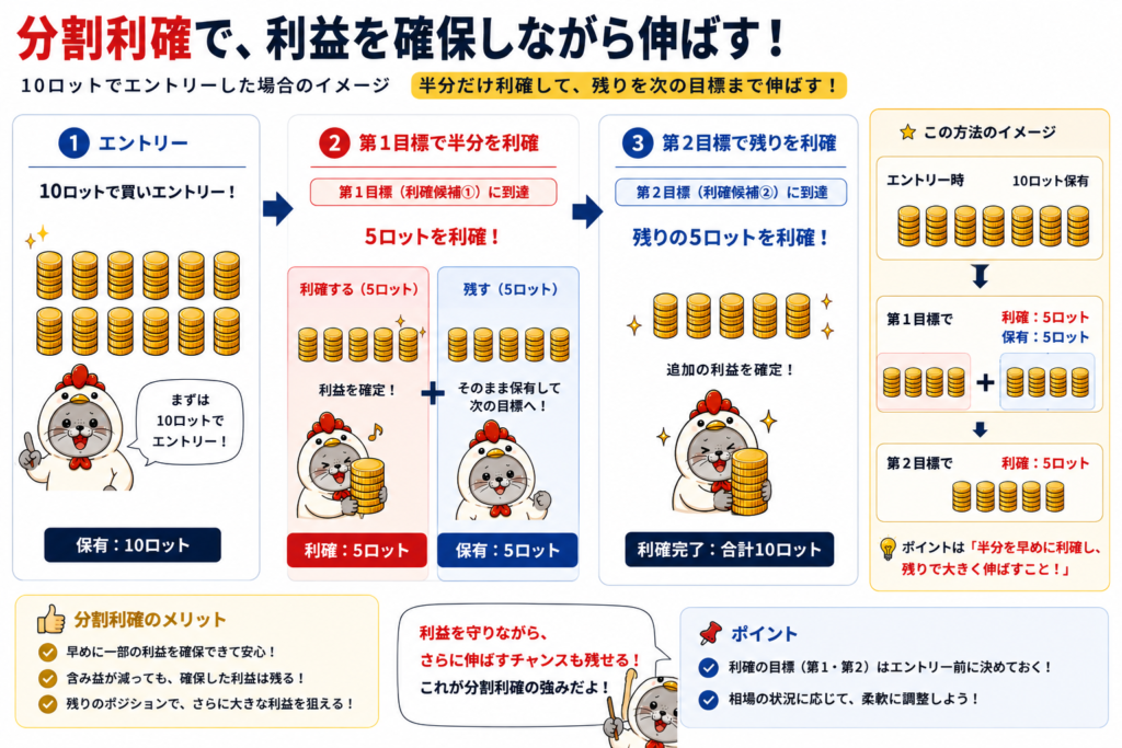 FXで10ロットのうち5ロットを第1目標で利確し、残り5ロットを第2目標まで伸ばす分割利確の例