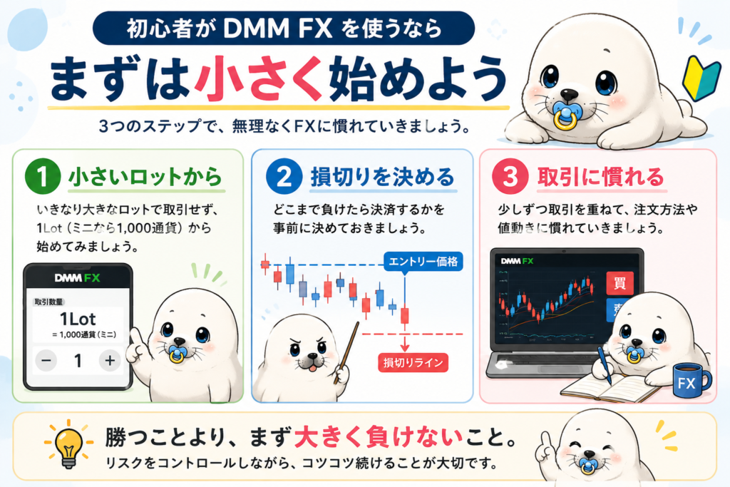 DMM FX初心者が小さいロットから始めて損切りを決め取引に慣れる3ステップ